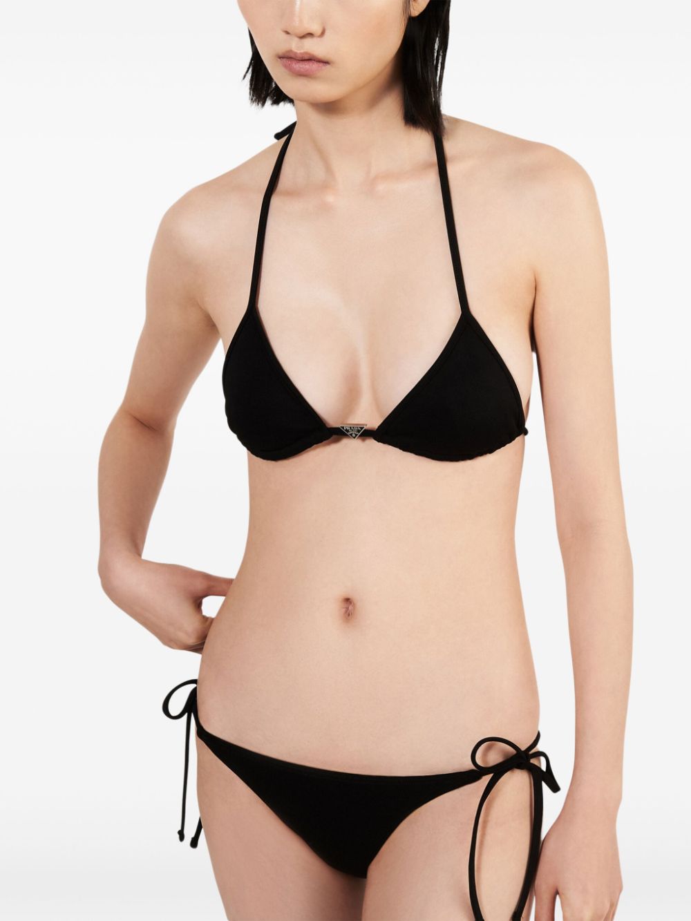 Shop Prada Triangle-logo Side-tie Bikini Bottoms In Black