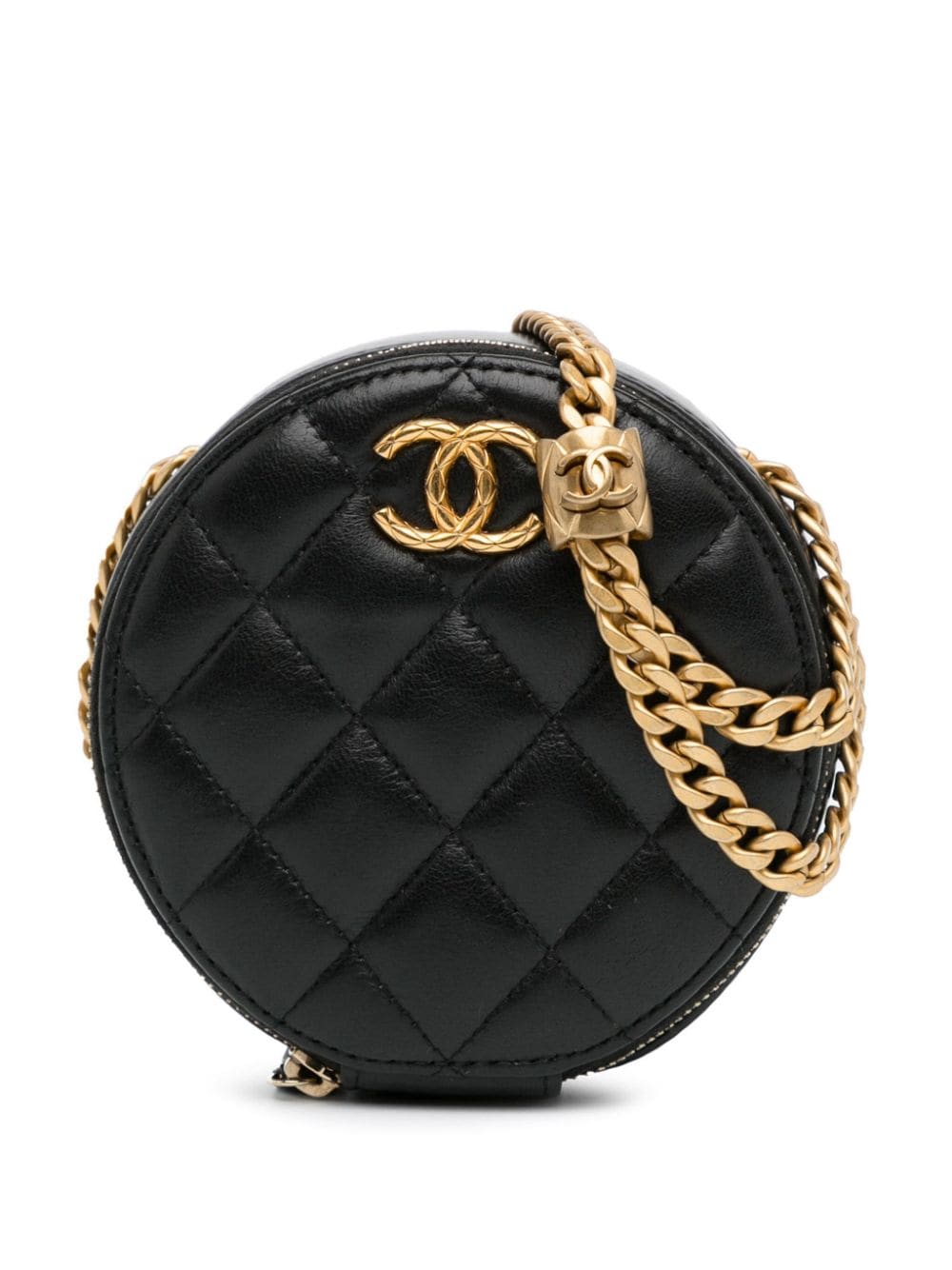 Pre-owned Chanel 2021-2023 Cc Quilted Lambskin Round Crossbody Bag In 黑色