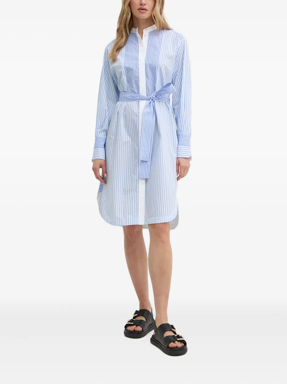 BOSS Gestreepte blousejurk met gestrikte riem - Blauw