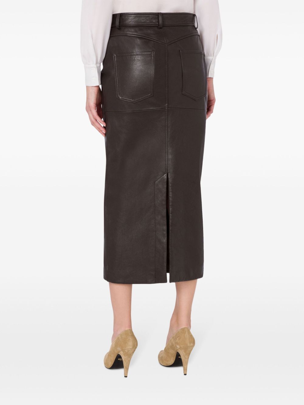 Shop Moschino Pencil Leather Midi Skirt In Brown