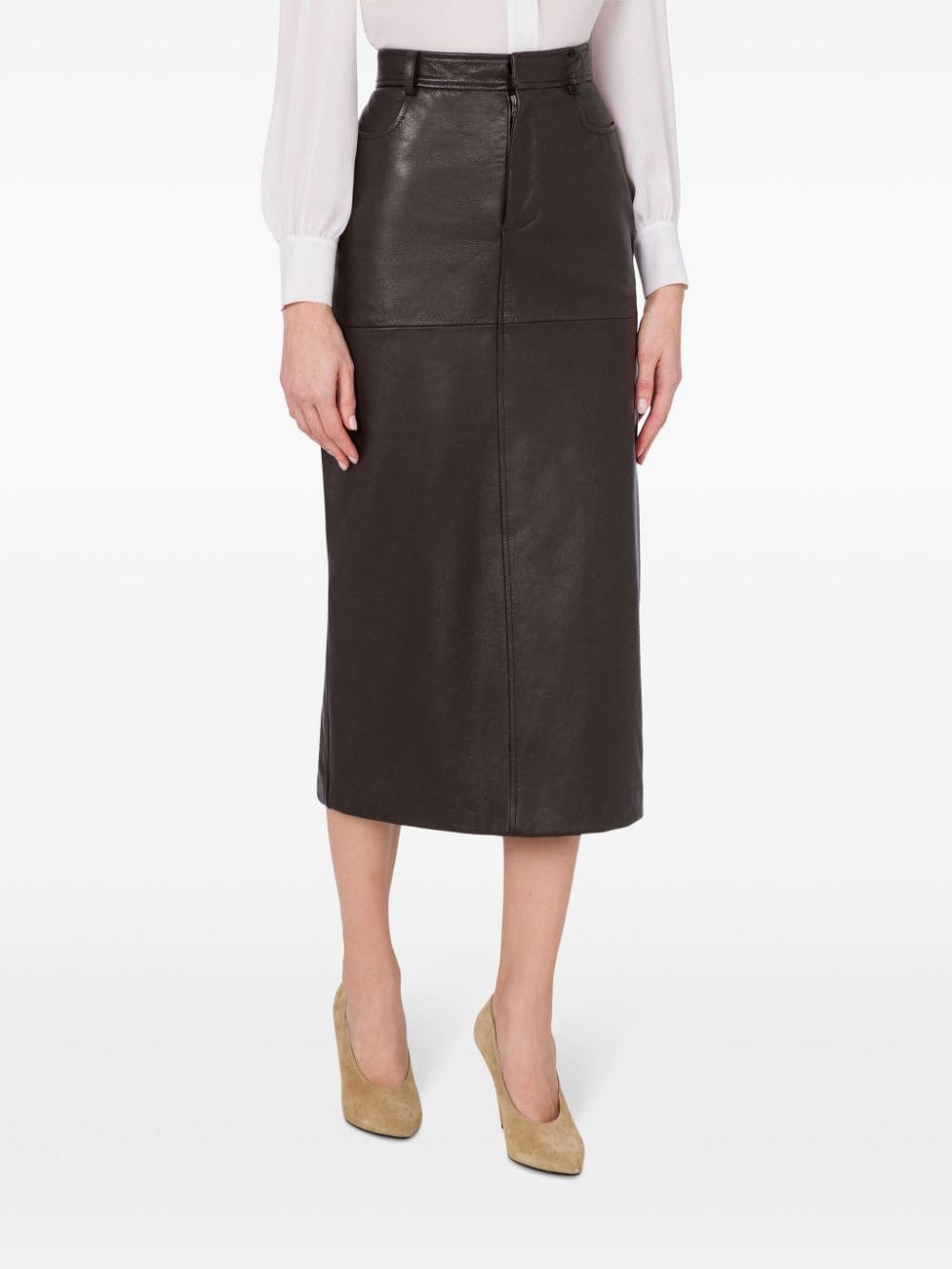 Shop Moschino Pencil Leather Midi Skirt In Brown