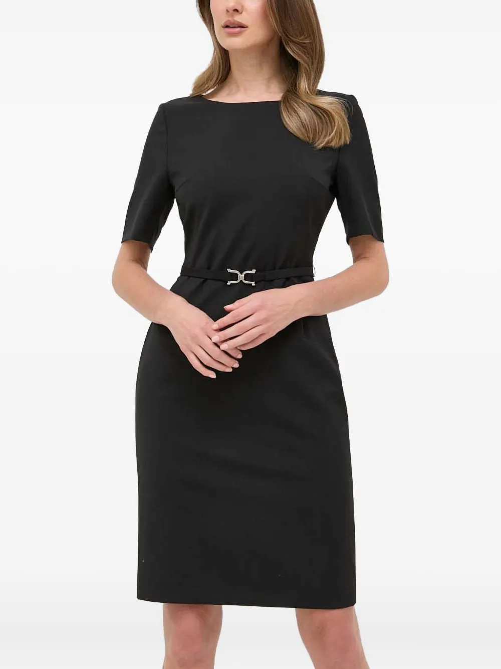 Hugo Boss Belted Short-sleeve Dress In Black