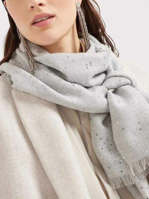 Brunello Cucinelli Fringed Sequin Detailing Scarf | Blue