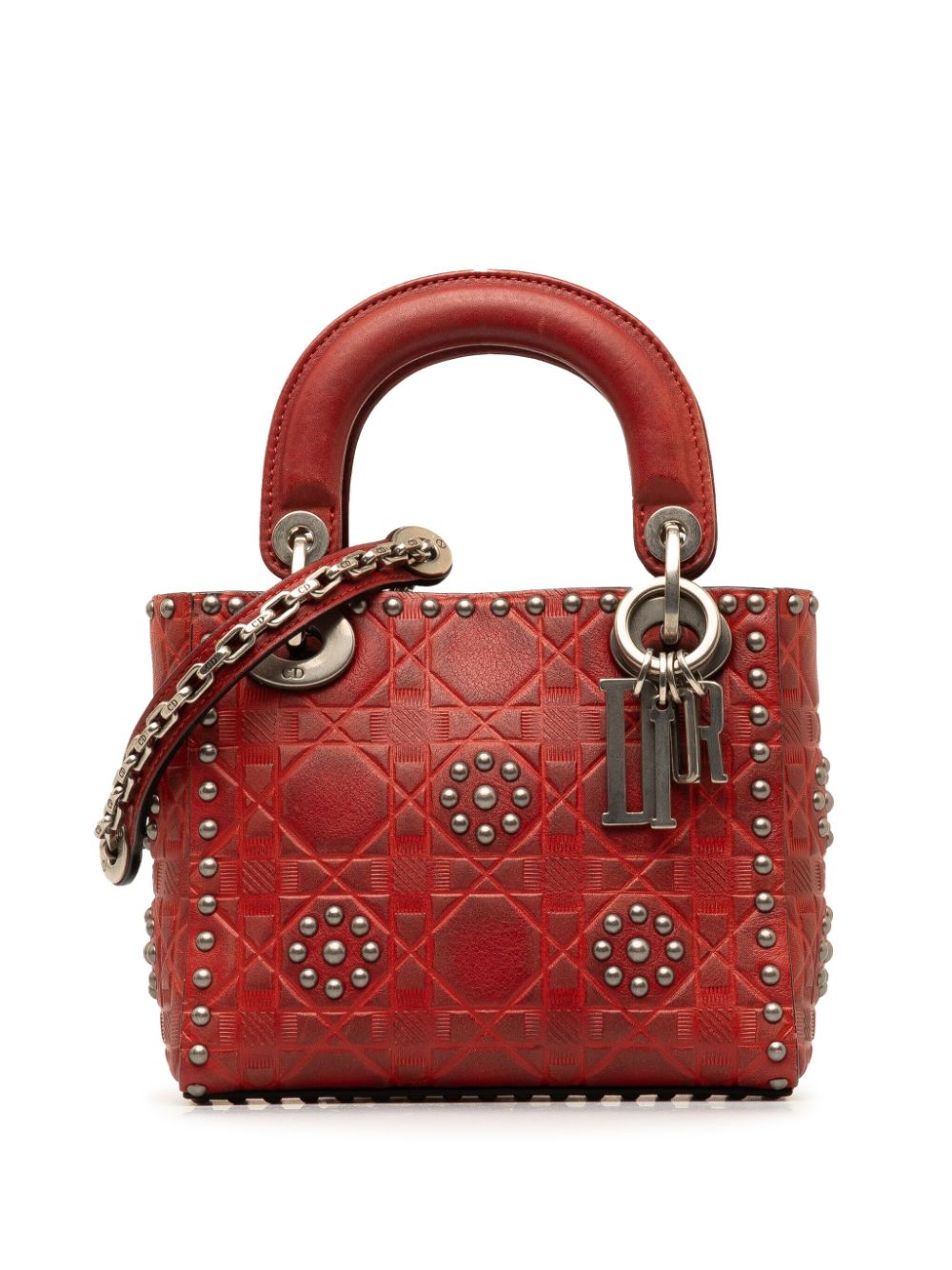 Pre-owned Dior 2017 Mini Embossed Calfskin Cannage Studded Supple Lady  Satchel In Red