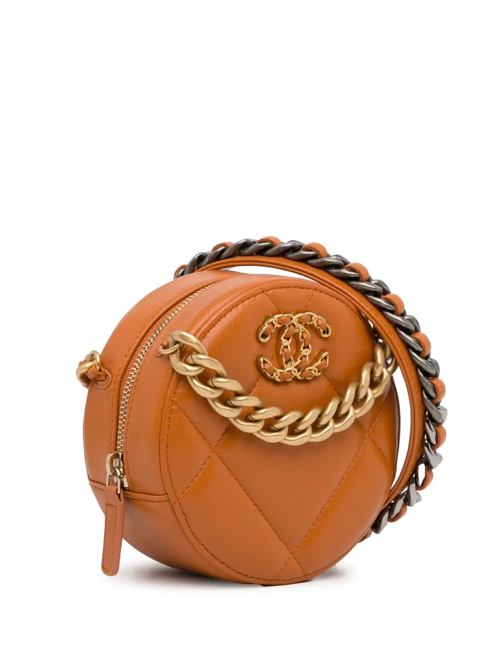Pre-owned Chanel 2021 Lambskin 19 Round Clutch With Chain Satchel In Brown