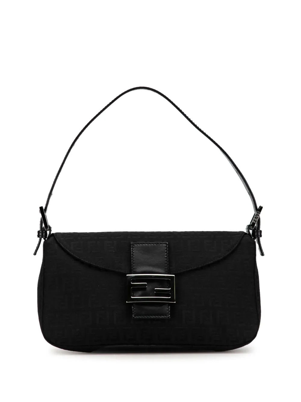 Pre-owned Fendi 2000-2010 Zucchino Canvas Double Flap Shoulder Bag In Black