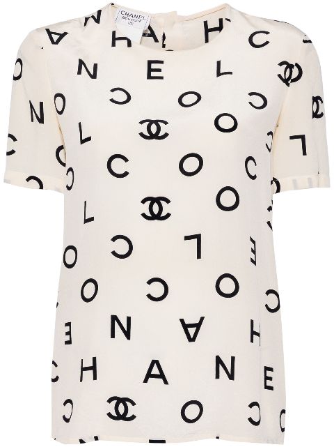 HOT SALE CHANEL 1990s logo-print silk T-shirt Women