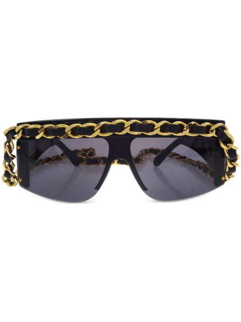 HOT SALE CHANEL 1990-2000 leather-and-chain trimmed shield sunglasses Women