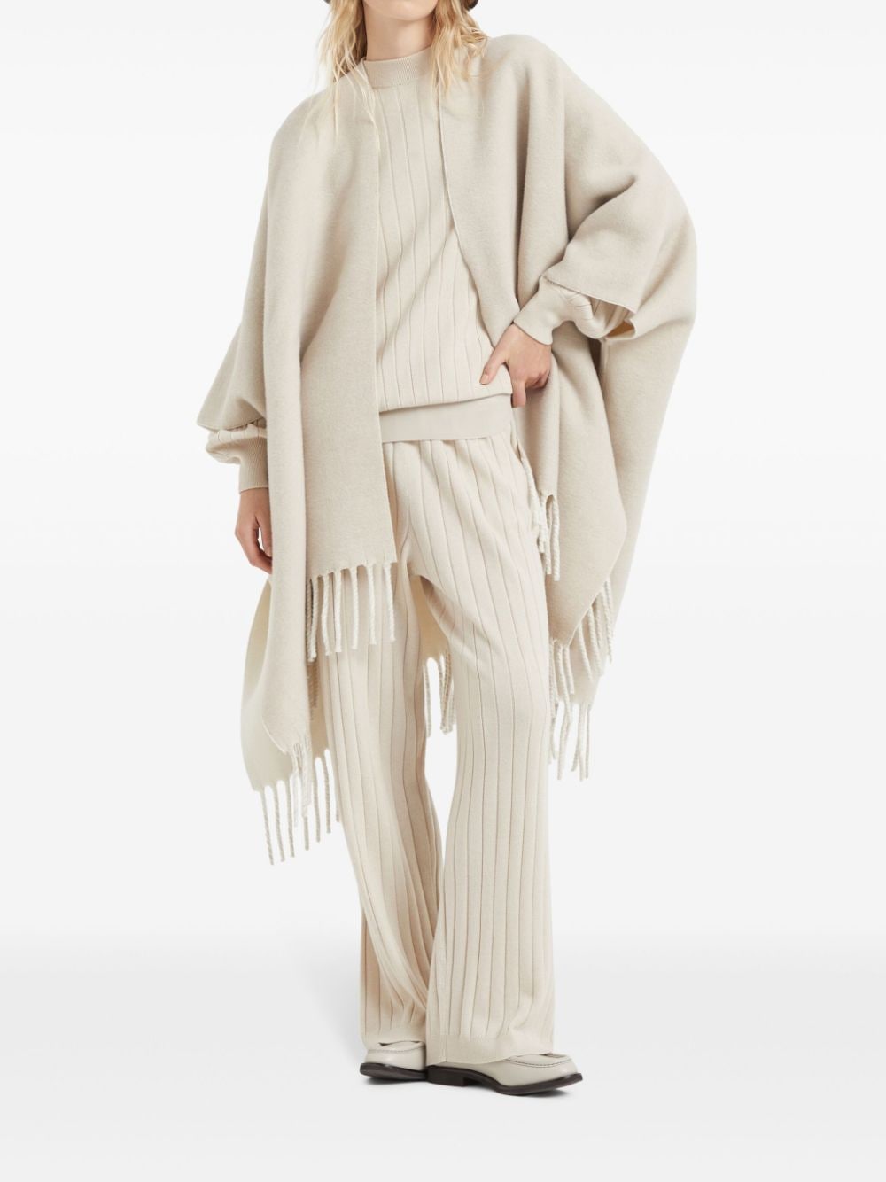 Brunello Cucinelli Dubbel gebreide cape met franje afwerking - Beige