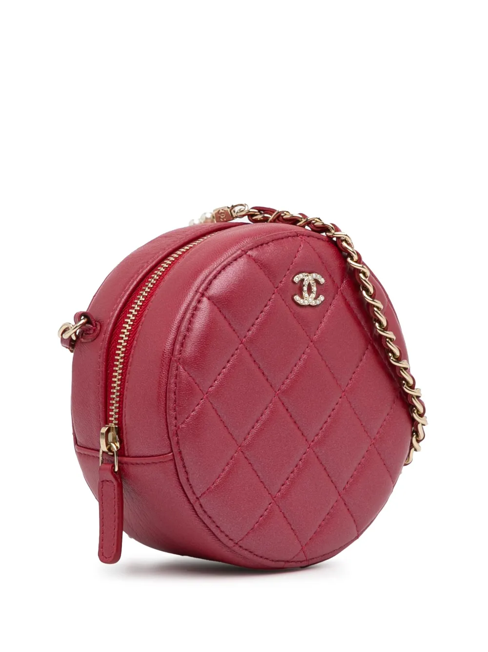 Pre-owned Chanel 2020 Quilted Lambskin Round Pearl Clutch With Chain Crossbody Bag In Red