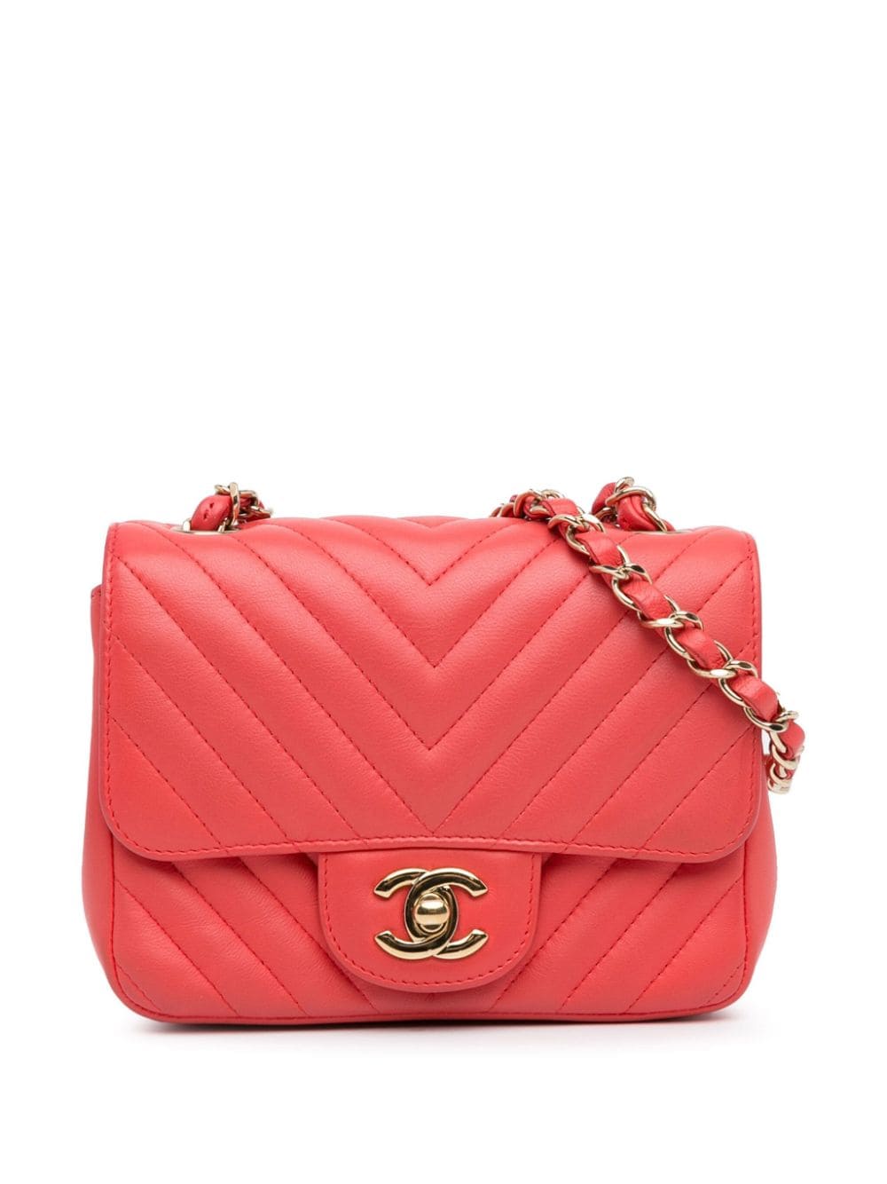 Pre-owned Chanel 2018-2019 Mini Square Classic Chevron Lambskin Single Flap Crossbody Bag In Pink