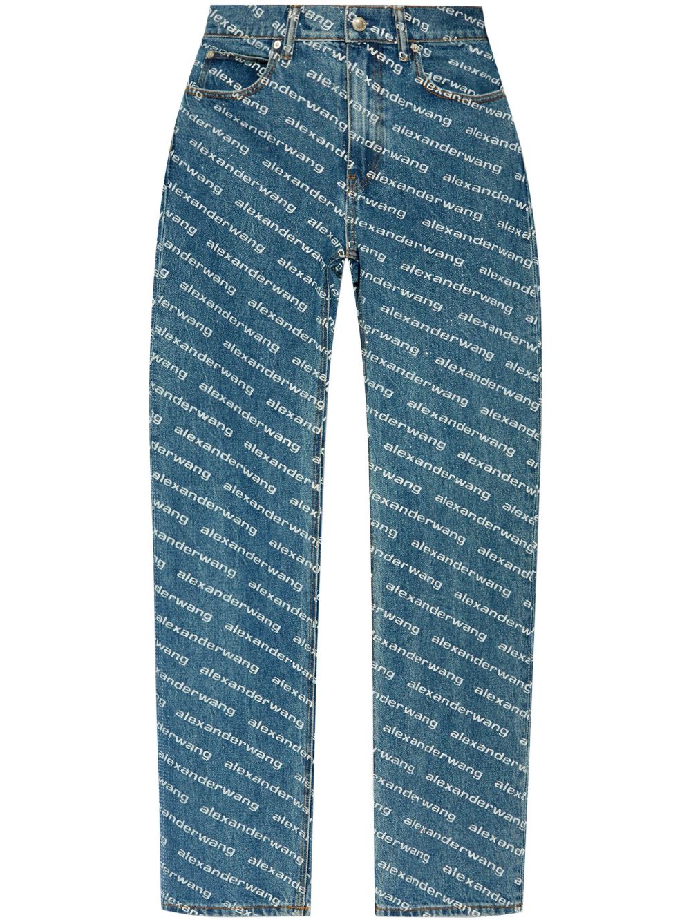 Alexander Wang Logo Print Sequined Mid-rise Straight Leg Trousers In Blue