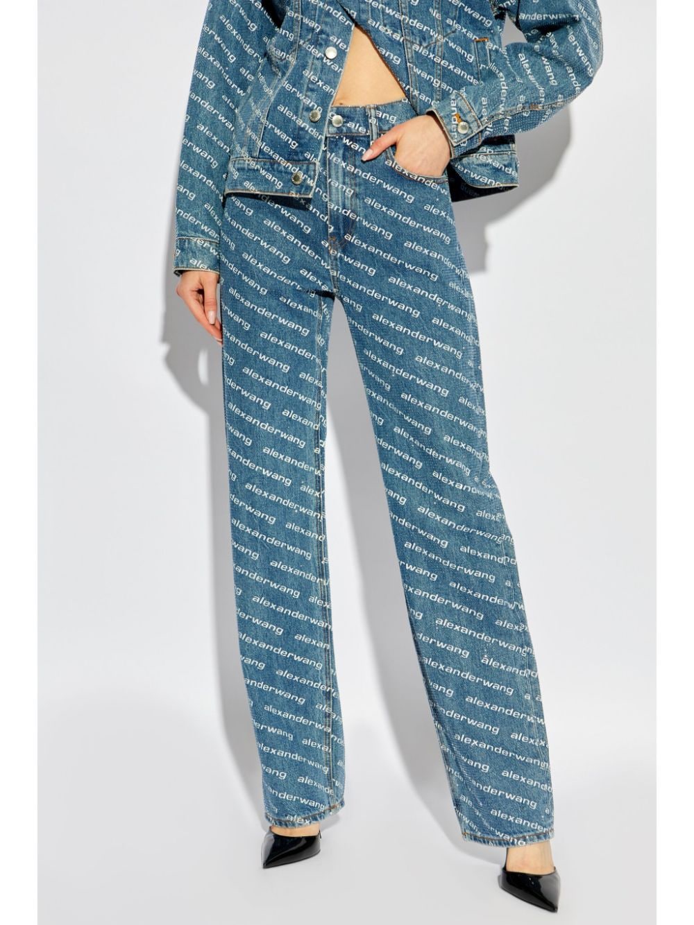 Shop Alexander Wang Logo Print Sequined Mid-rise Straight Leg Trousers In 蓝色