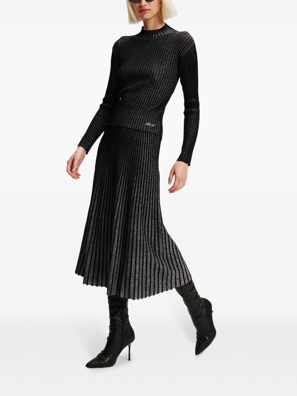 Shop Karl Lagerfeld Metallic Pleated Midi Skirt In Black