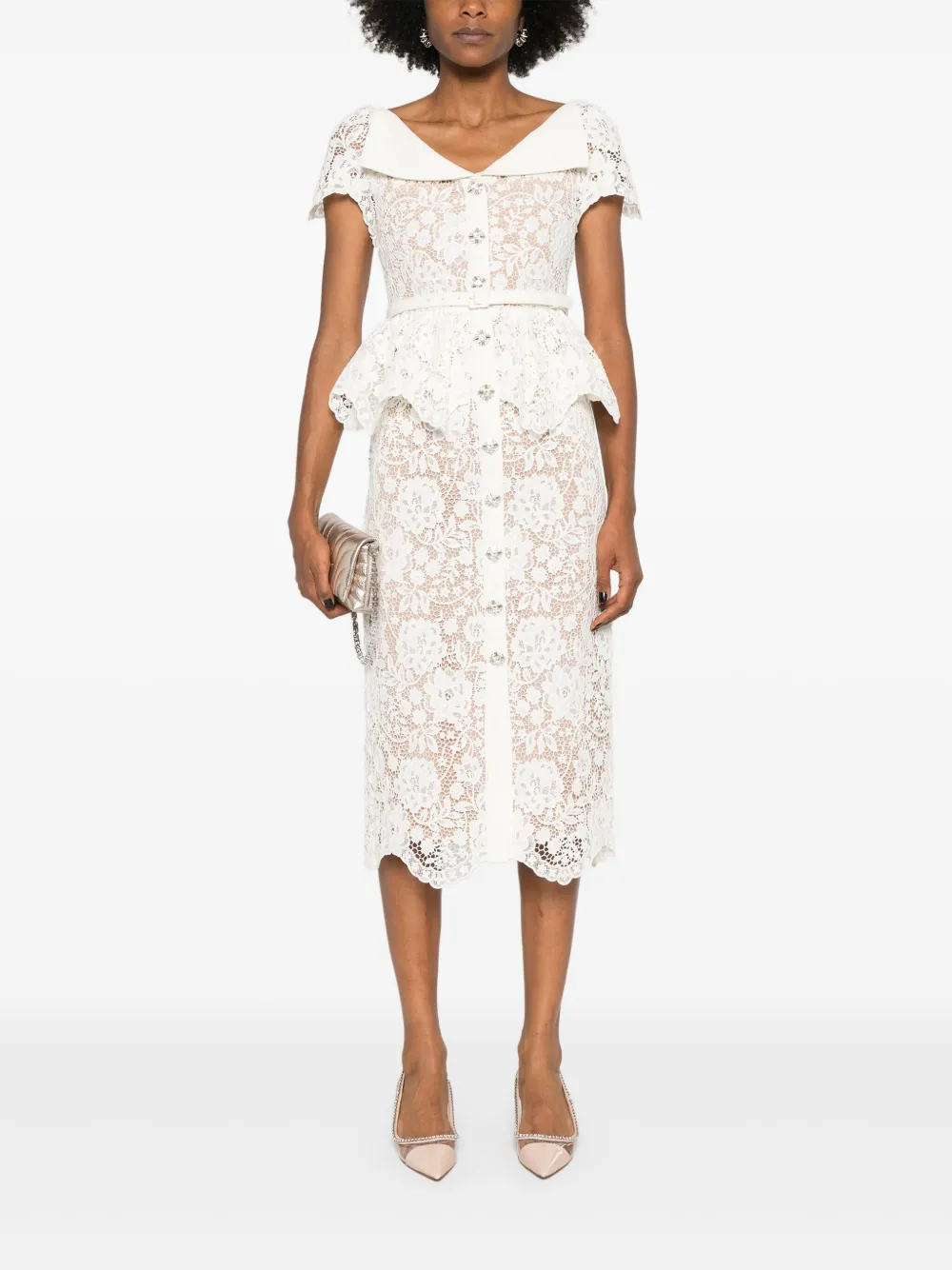 Self-Portrait Peplum midi-jurk met kant - Wit