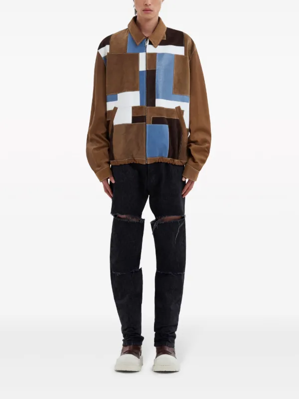 marni レザー　トラックジャケット Marni patchwork-design Leather Jacket | Brown | FARFETCH
