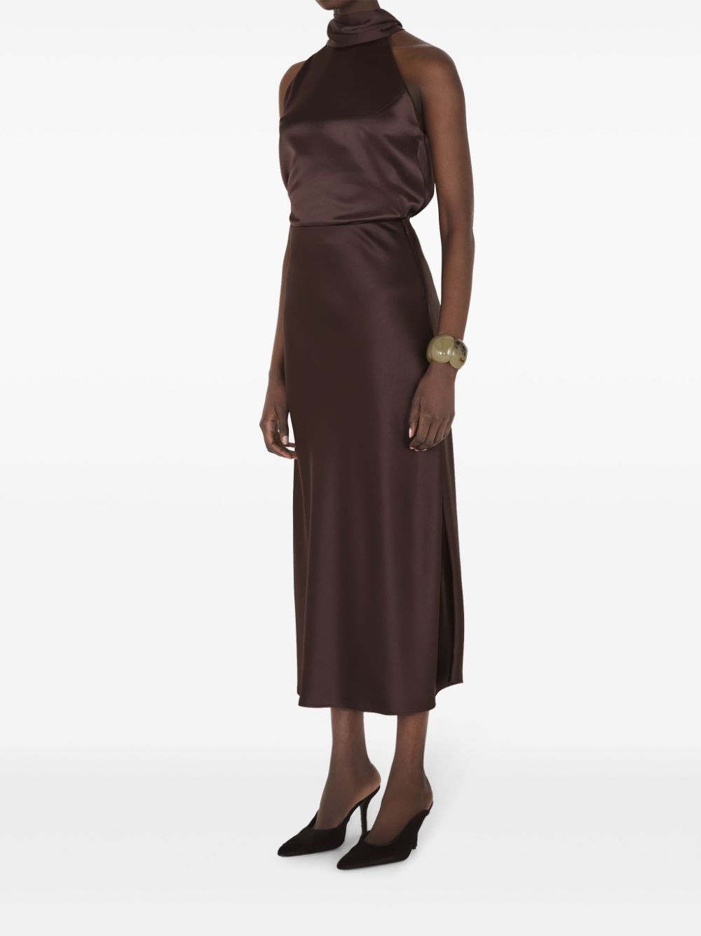 Shop Galvan Valletta Satin Midi Skirt In Brown