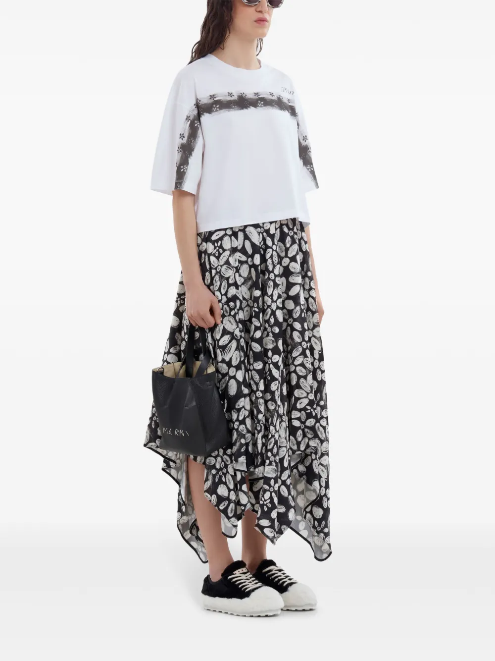 Marni Katoenen T-shirt met horizontale bloemenprint - Wit