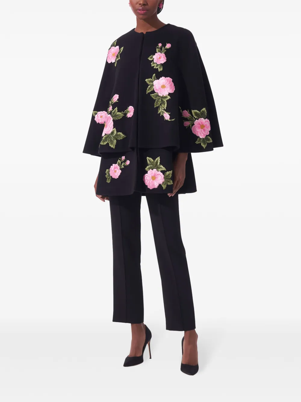 Carolina Herrera Gelaagde cape met geborduurde roos - Zwart