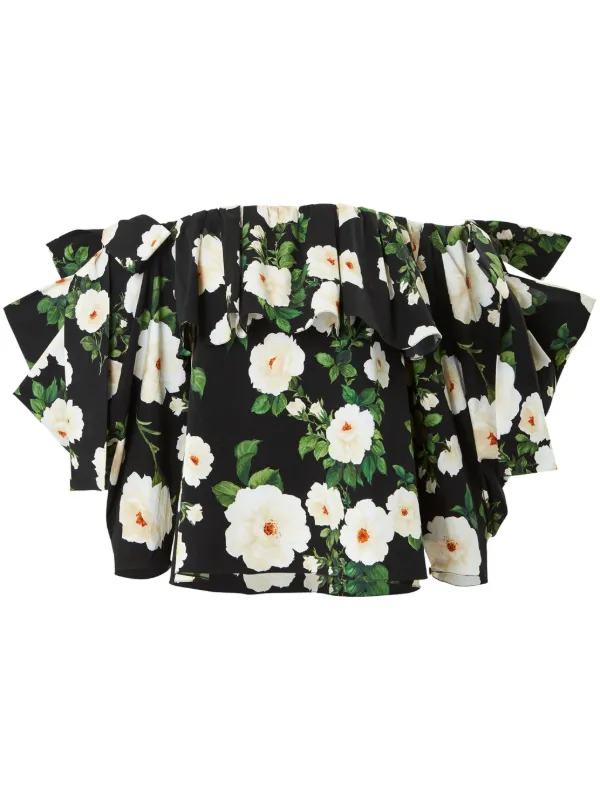 Carolina Herrera Rose-print Cotton Top in Black
