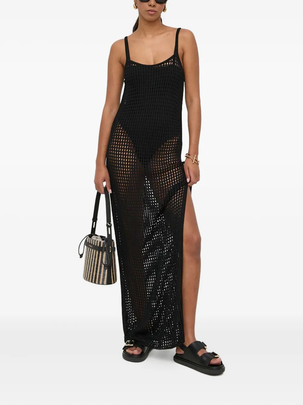 Patrizia Pepe Open-knit Slit Maxi Dress In Black