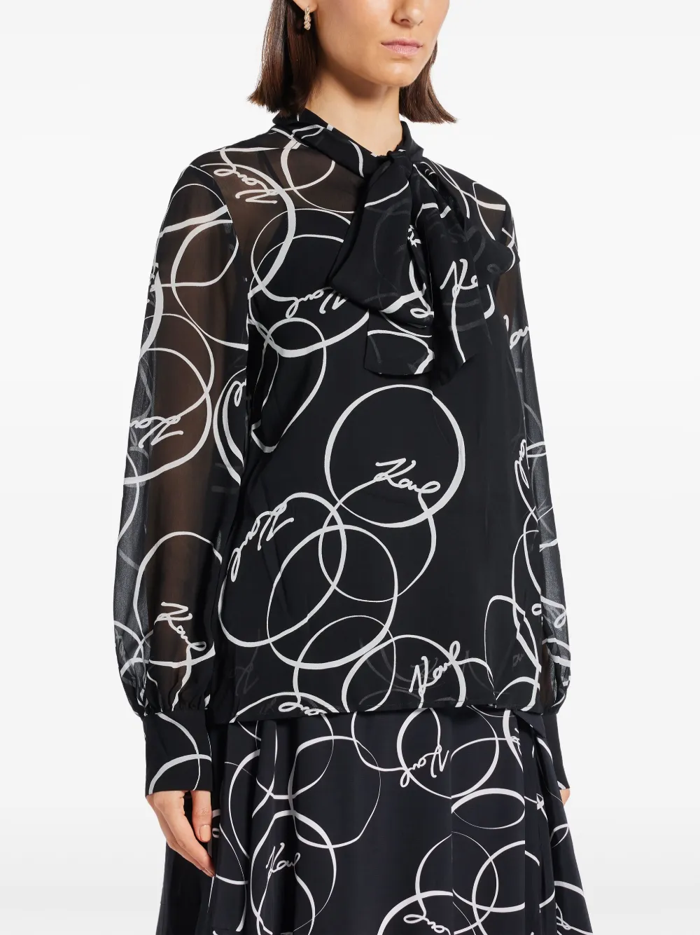 Karl Lagerfeld Circle-print Bow Blouse In Black