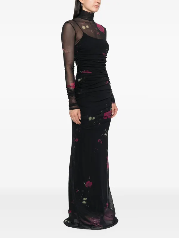 【関税込み】Blumarine ブラック ローズ ミニドレス Blumarine rose-print Tulle Maxi Dress | Black | FARFETCH JO