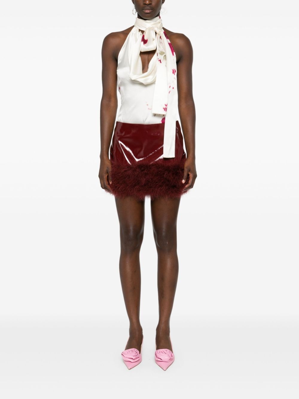 Blumarine feather-appliqué patent mini skirt - Rood