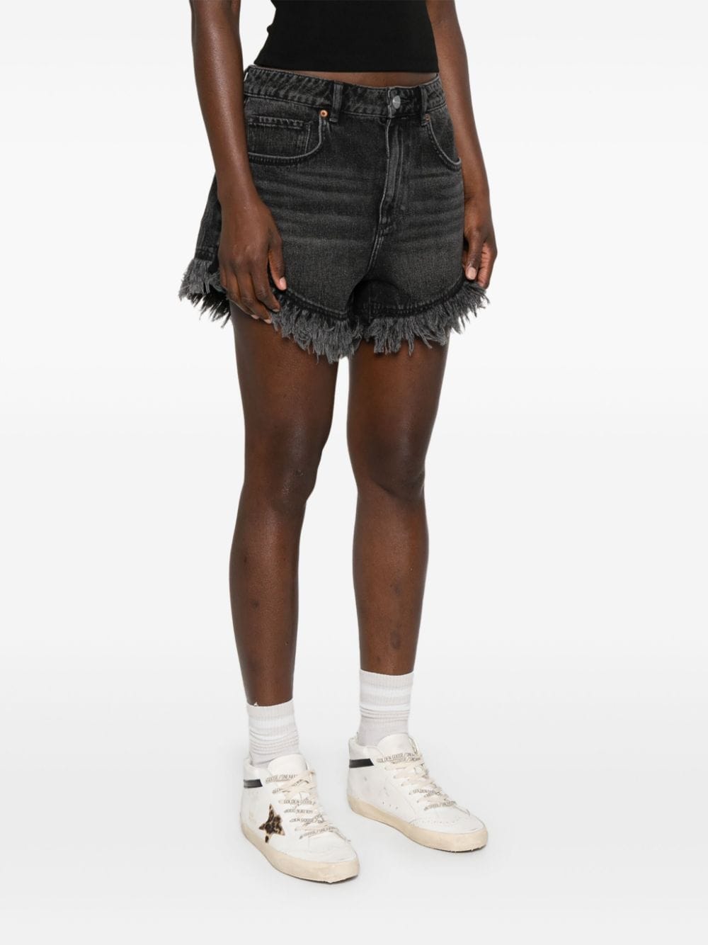 Shop Allsaints Astrid Denim Frayed Shorts In 黑色