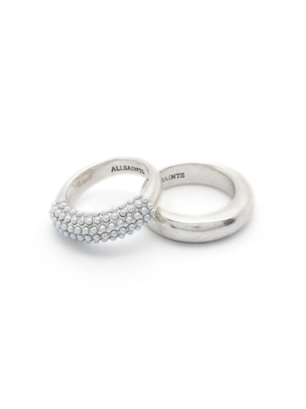 Shop Allsaints Bead-embellished Ring (set Of Two) In Silver