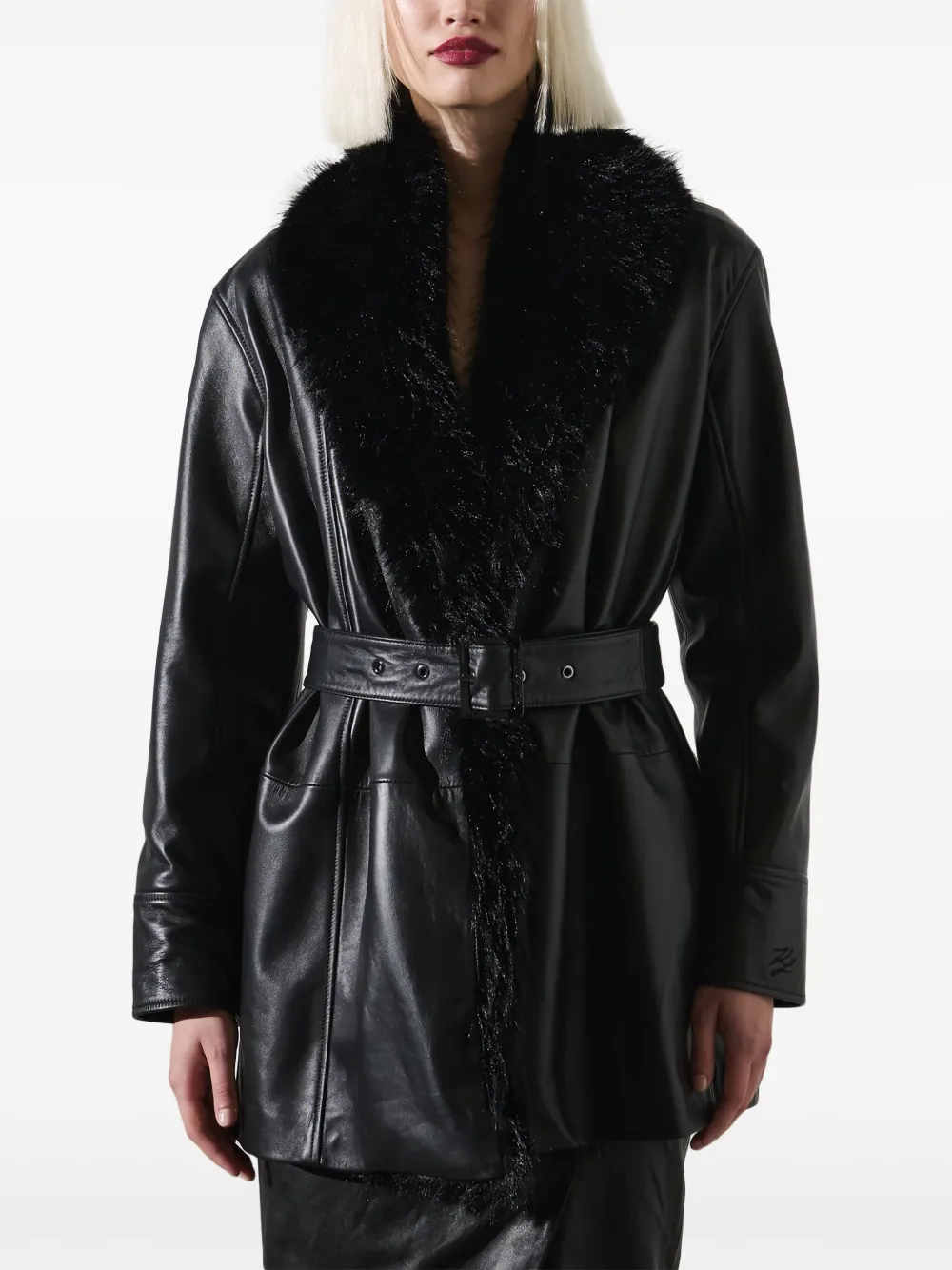 Karl Lagerfeld Faux-fur Collar Leather Coat In Black