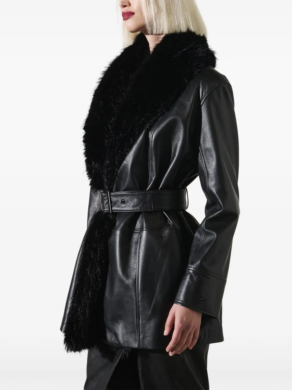 Karl Lagerfeld Faux-fur Collar Leather Coat In Black
