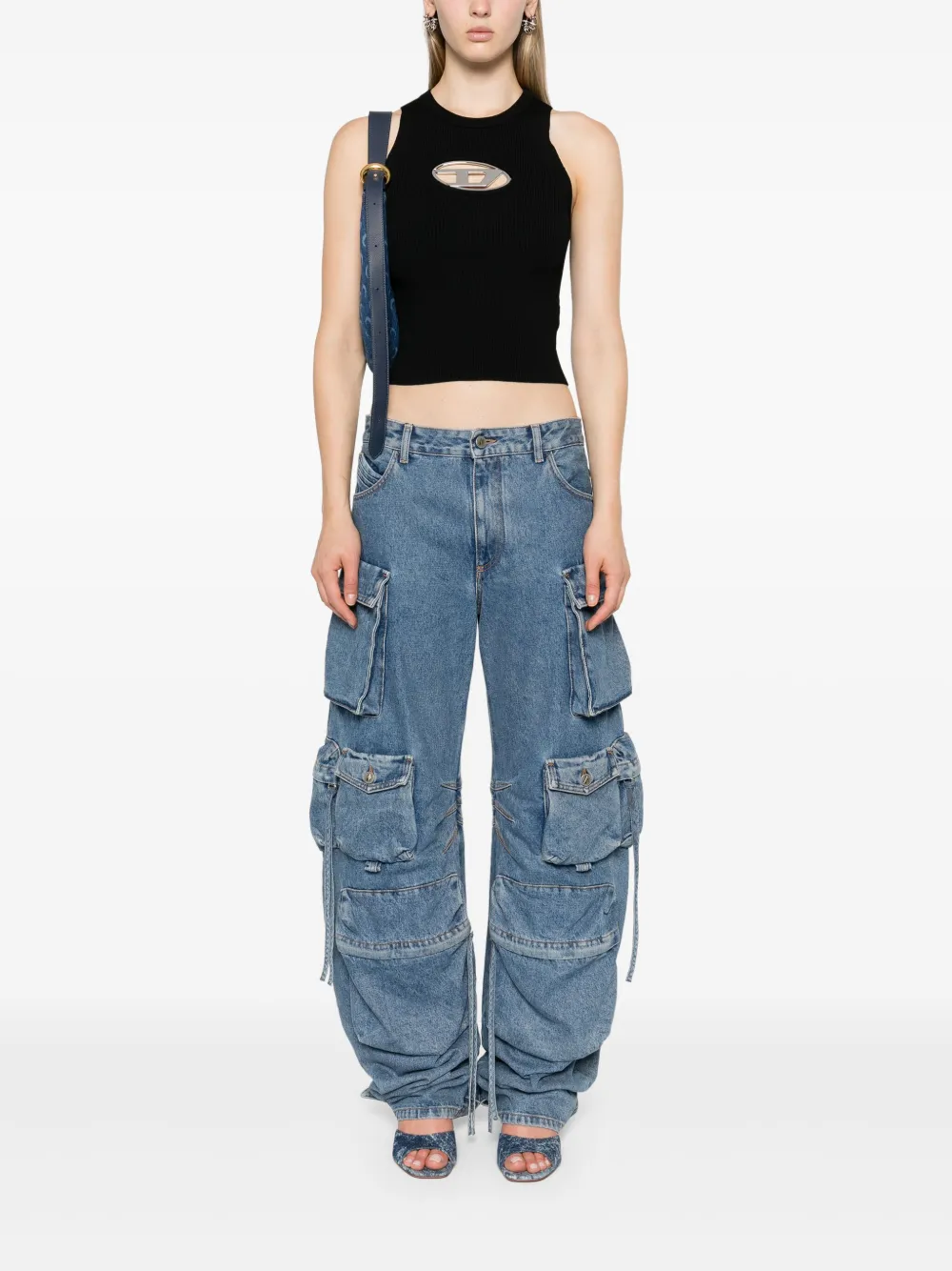 Diesel Fijngeribbelde tanktop met D-plakkaat - Zwart