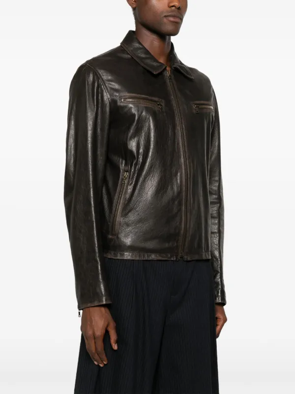 PRADA レザー ジャケット ダークブラウン Prada レザーシャツジャケット | ブラウン | FARFETCH JP