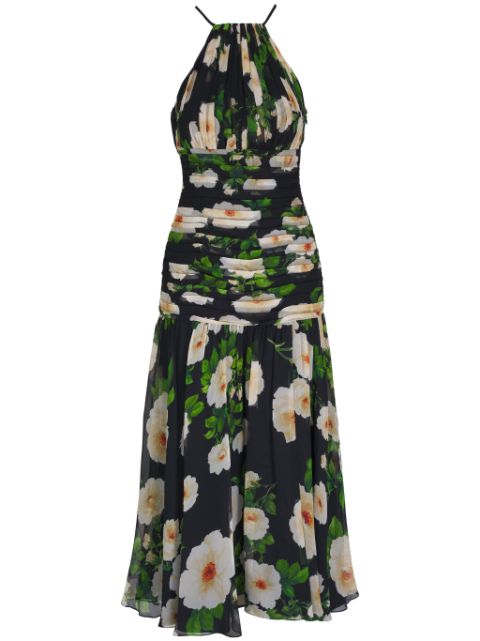 Carolina Herrera rose-print chiffon ruched halterneck dress Women