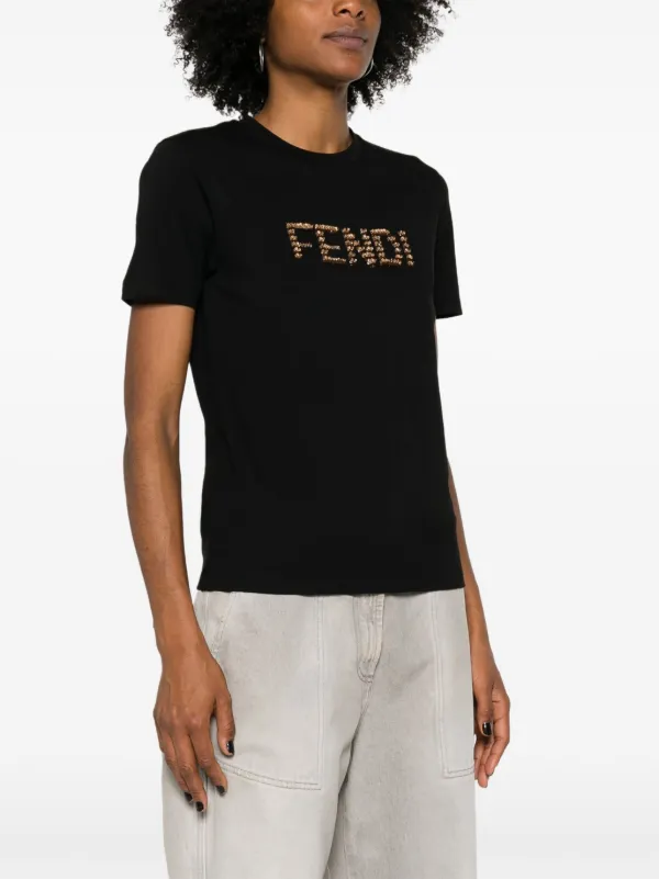 FENDI Sequin logo detail Cotton T shirt Black FARFETCH AO