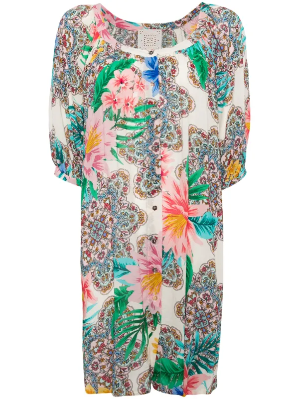 knee length dresses for ladies Bryony Floral Marinella Smocked Mini Dress BROWN-BLU / Xs by Sugarlips main image 0