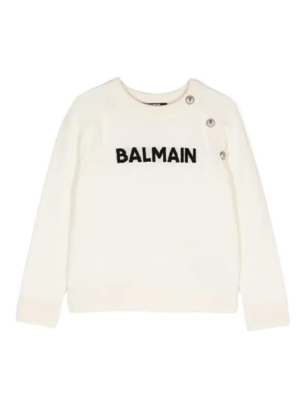 Balmain Kids jacquard-logo Knitted Jumper White FARFETCH
