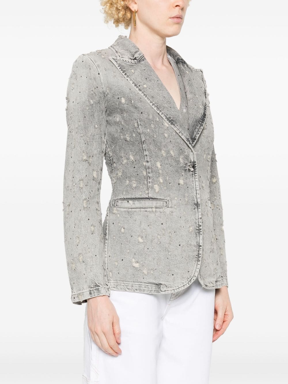 Shop Liu •jo Rhinestone-embellished Denim Blazer In Grey