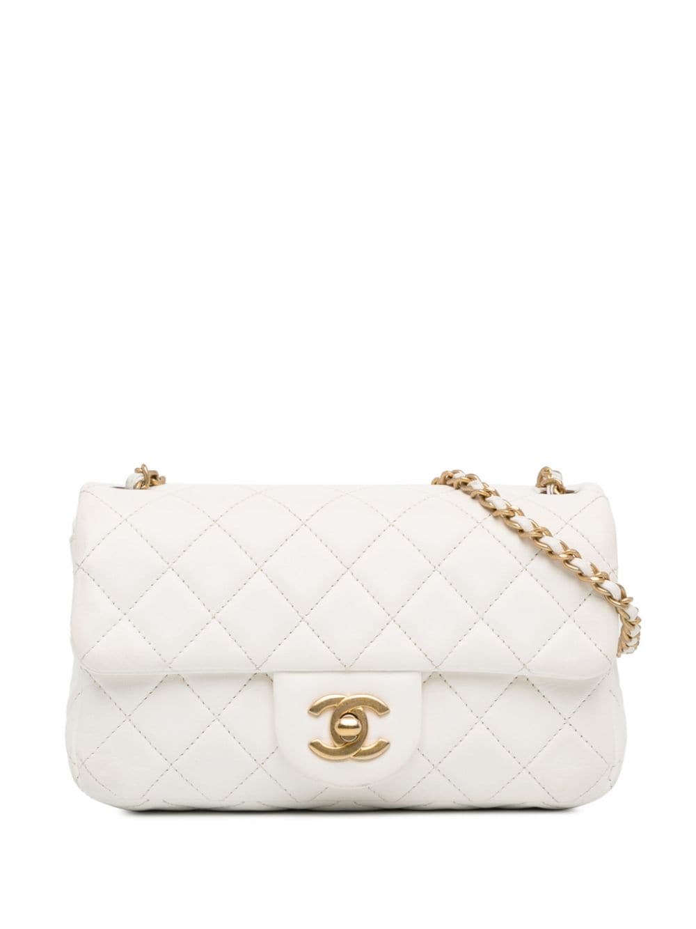 Pre-owned Chanel 2021 Mini Rectangular Lambskin Pearl Crush Flap Crossbody Bag In White