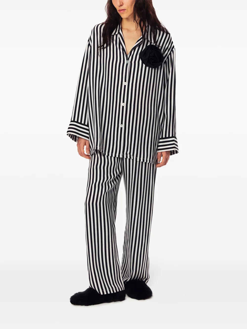 Sleeper The Rose Oversized Striped Satin Pajama Set In Black