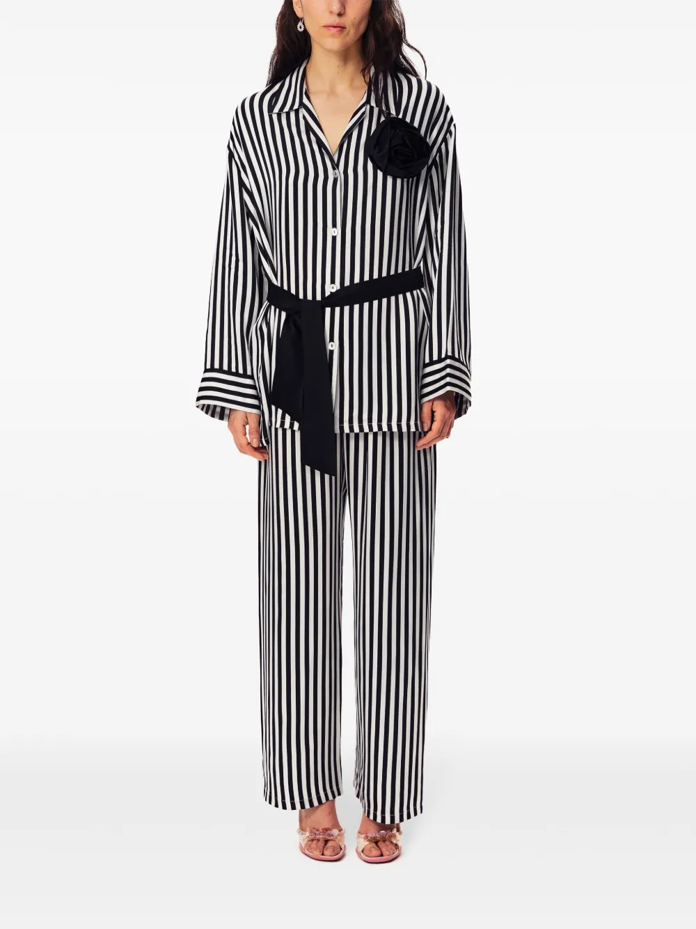 Sleeper The Rose Oversized Striped Satin Pajama Set In Black