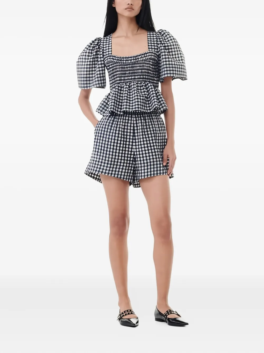 GANNI check seersucker shorts - Zwart