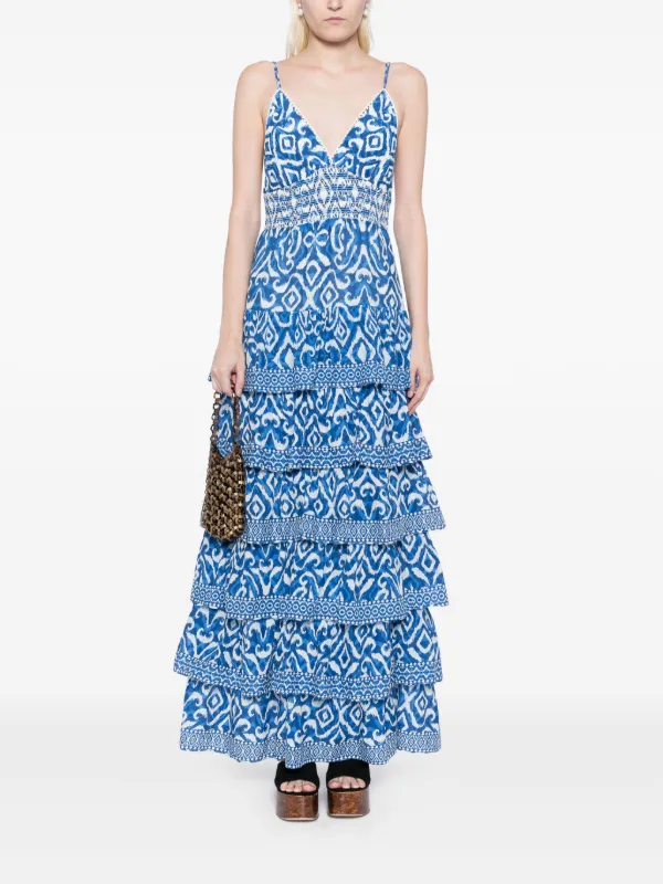 alice and olivia blue long dress MARNA TIERED MIDI TIE STRAP DRESS in OFF WHITE/FRENCH BLUE