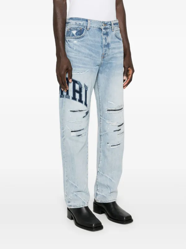 【AMIRI】BLUE ロゴ入りジーンズ AMIRI Varsity Logo Repair mid-rise straight-leg Jeans | Blue
