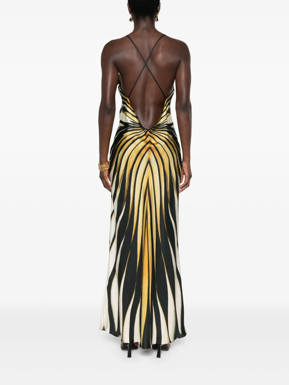 Roberto Cavalli Multicolor Silk Dress With Dynamic Stripes And V-cut Back In Schwarz