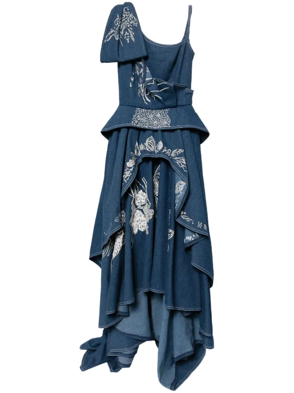 floral embroidered denim dress Denim Flower Dress