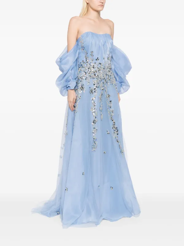 open lace back dress Blue one shoulder organza gown main image 0