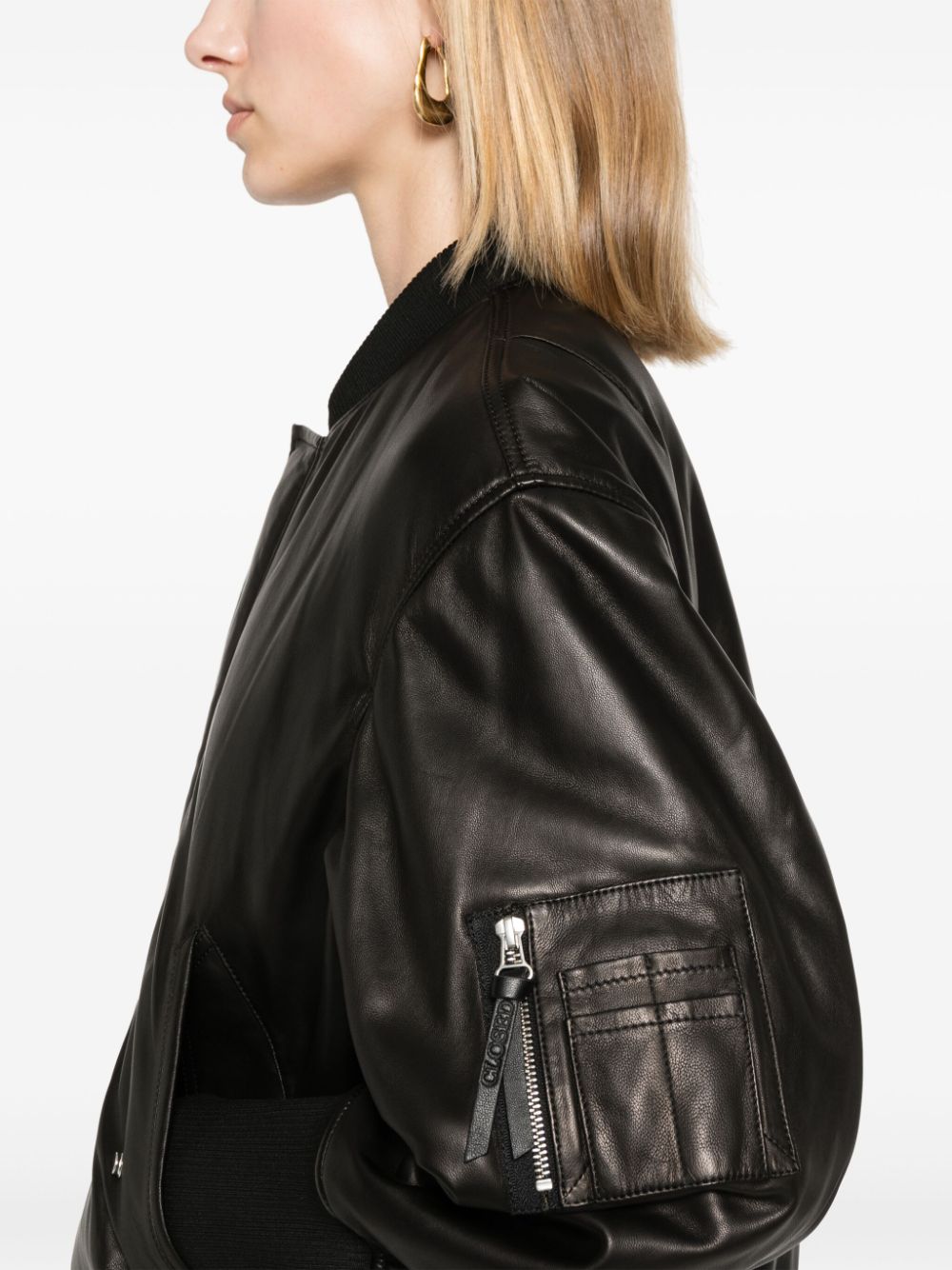 Shop Closed Padded Leather Bomber Jacket In Black