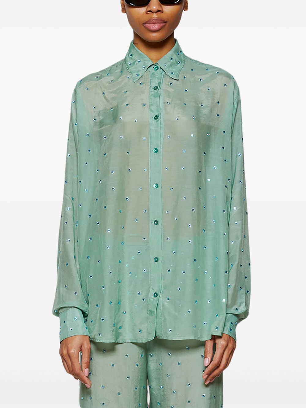 Shop Oseree Gems Crystal-embellished Long-sleeve Shirt In Green